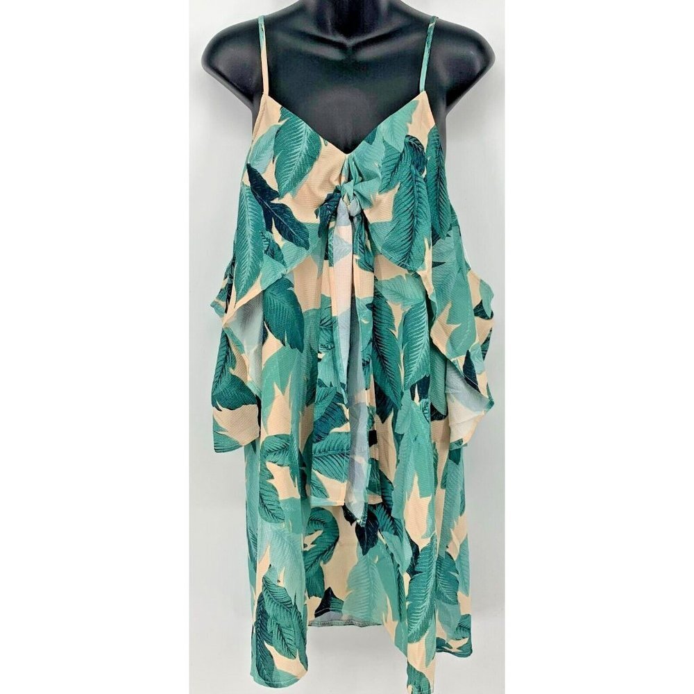 L Atiste Women Dress Size Medium Green Tropical Palm Leaf Cold Shoulder Ruffled